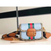 Gucci Women GG Horsebit 1955 Mini Bag Blue Leather Beige Ebony Supreme Canvas (11)