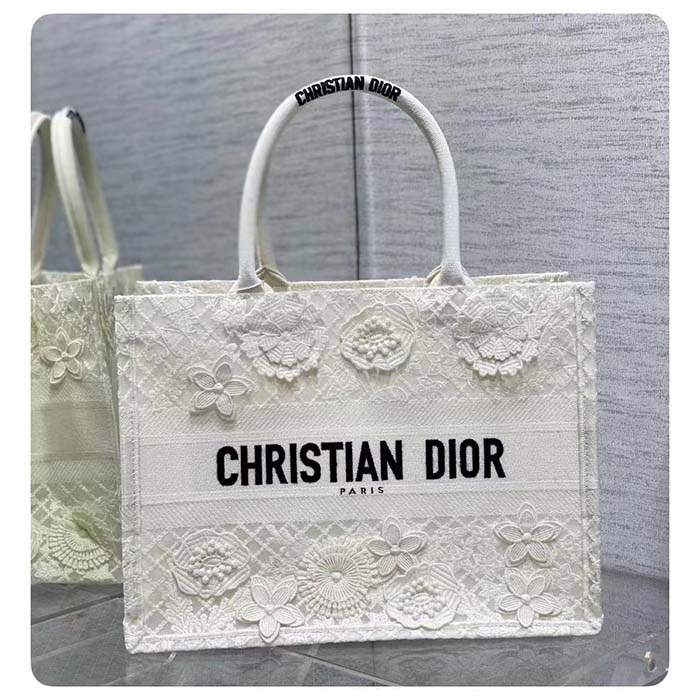 Dior Women CD Medium Book Tote White Multicolor D-Lace Embroidery Macramé Effect