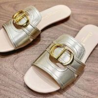 Dior Women CD Sandals Or 30 Montaigne Slide Platinum-Tone Metallic Calfskin (7)