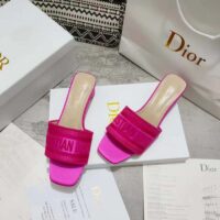 Dior Women Shoes Dway Heeled Slide Rani Pink Embroidered Satin Cotton (7)