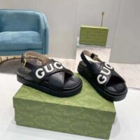 Gucci Unisex GG Sandal Black White Leather Script Rubber Buckle Flat (9)