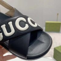 Gucci Unisex GG Sandal Black White Leather Script Rubber Buckle Flat (9)