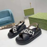 Gucci Unisex GG Sandal Black White Leather Script Rubber Buckle Flat (9)