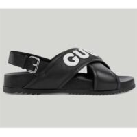 Gucci Unisex GG Sandal Black White Leather Script Rubber Buckle Flat (9)