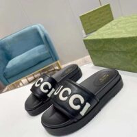 Gucci Unisex GG Slide Sandal Black White Leather Script Rubber Flat (11)