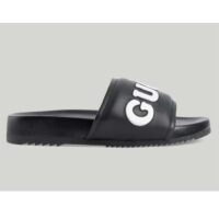 Gucci Unisex GG Slide Sandal Black White Leather Script Rubber Flat (11)