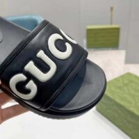 Gucci Unisex GG Slide Sandal Black White Leather Script Rubber Flat (11)