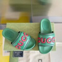 Gucci Unisex GG Slide Sandal Green Red Leather Script Rubber Flat 1 CM Heel (11)