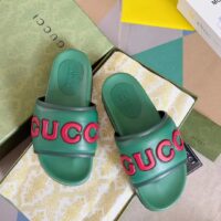 Gucci Unisex GG Slide Sandal Green Red Leather Script Rubber Flat 1 CM Heel (11)