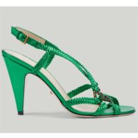 Gucci Women GG Cystal Interlocking G Sandal Green Metallic Braided High 9 CM Heel (3)