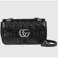 Gucci Women GG Marmont Small Shoulder Bag Double G Black Matelassé Leather