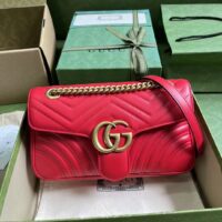 Gucci Women GG Marmont Small Shoulder Bag Red Matelassé Chevron Leather Double G (5)