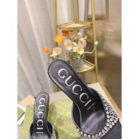 Gucci Women GG Slide Sandal Crystals Black Silk Satin Mid 6 CM Heel (8)