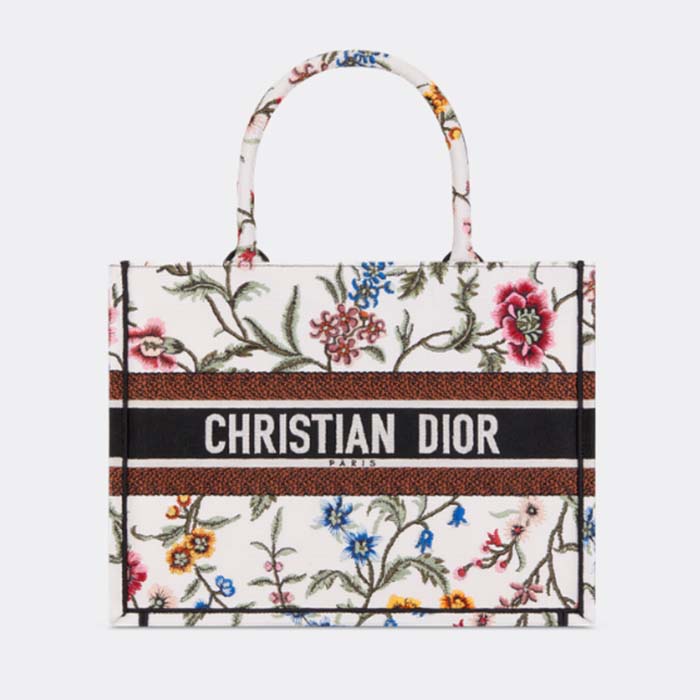 Dior Women CD Medium Book Tote White Multicolor Dior Petites Fleurs Embroidery