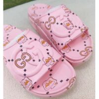 Gucci Unisex GG Animal Print Rubber Slide Sandal Pink Embossed Interlocking G Low Heel (10)