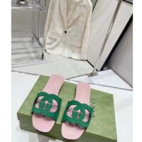 Gucci Unisex Interlocking G Cut-Out Slide Sandal Green Pink Suede Flat (10)