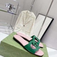 Gucci Unisex Interlocking G Cut-Out Slide Sandal Green Pink Suede Flat (10)