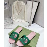 Gucci Unisex Interlocking G Cut-Out Slide Sandal Green Pink Suede Flat (10)