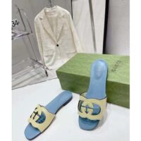 Gucci Unisex Interlocking G Cut-Out Slide Sandal Yellow Light Blue Suede Flat (4)