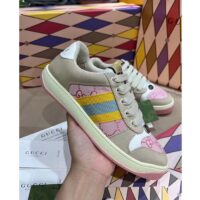 Gucci Unisex Screener GG Sneaker Light Pink Canvas Beige Suede Bi-Color Rubber Flat (3)