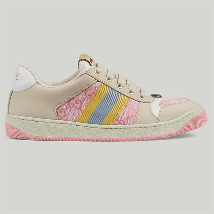 Gucci Unisex Screener GG Sneaker Light Pink Canvas Beige Suede Bi-Color Rubber Flat