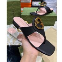 Gucci Women GG Blondie Thong Sandal Black Leather Round Interlocking G 1.5 CM Heel (4)