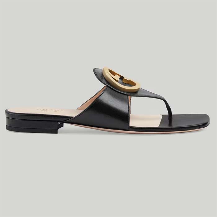 Gucci Women GG Blondie Thong Sandal Black Leather Round Interlocking G 1.5 CM Heel