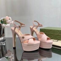 Gucci Women GG Horsebit Platform Sandal Light Pink Leather High 13 CM Heel (9)