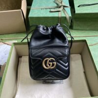 Gucci Women GG Marmont Mini Bucket Bag Black Matelassé Chevron Leather Double G (2)