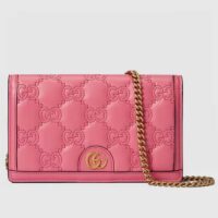 Gucci Women GG Matelassé Chain Wallet Pink Leather Double G Chain Strap (4)