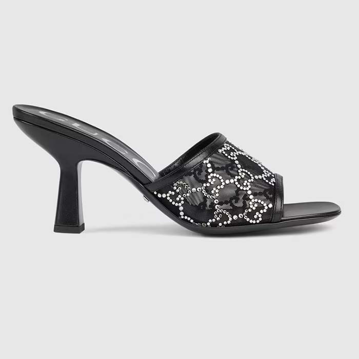 Gucci Women GG Mid Heel Slide Sandal Black GG Crystal Mesh 7.6 CM Heel