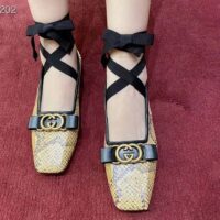 Gucci Women GG Python Ballet Flat Yellow Black Leather Interlocking G Black Leather Bow (8)