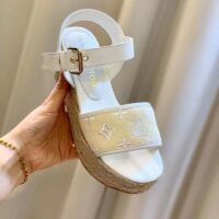 Louis Vuitton LV Women Starboard Wedge Sandal White Monogram-Embroidered Cotton Rope Sole (1)