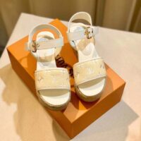 Louis Vuitton LV Women Starboard Wedge Sandal White Monogram-Embroidered Cotton Rope Sole (1)