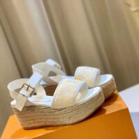 Louis Vuitton LV Women Starboard Wedge Sandal White Monogram-Embroidered Cotton (8)