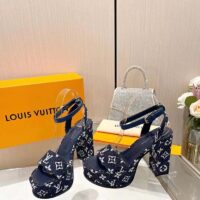 Louis Vuitton Women LV Fame Platform Sandal Navy Monogram Denim Leather 11.5 CM Heel (8)