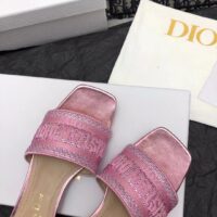 Dior Women CD Dway Heeled Slide Pink Cotton Embroidered Metallic Thread Strass (11)