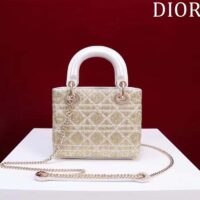 Dior Women CD Mini Lady Dior Bag Caramel Beige Cannage Cotton Embroidered Micropearls (2)