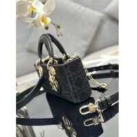 Dior Women CD Small Lady D-Joy Bag Black Cannage Cotton Micropearl Embroidery (8)