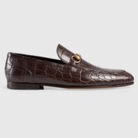 Gucci Unisex GG Jordaan Crocodile Loafer Blake Construction Brown Horsebit Leather Flat 1 CM Heel (8)