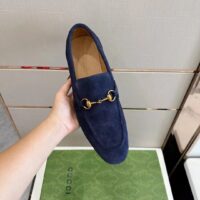 Gucci Unisex GG Jordaan Loafer Deep Blue Suede Horsebit Slim Shape Leather Flat (7)