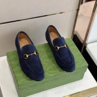 Gucci Unisex GG Jordaan Loafer Deep Blue Suede Horsebit Slim Shape Leather Flat (7)