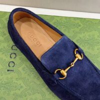 Gucci Unisex GG Jordaan Loafer Deep Blue Suede Horsebit Slim Shape Leather Flat (7)