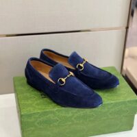 Gucci Unisex GG Jordaan Loafer Deep Blue Suede Horsebit Slim Shape Leather Flat (7)