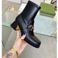 Gucci Women Boot Horsebit Black Smooth Stretch Leather Gold Plated Block Mid Heel (8)