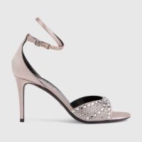 Gucci Women GG Mid-Heel Sandals Crystals Silver Satin 8 CM Heel Double G (8)