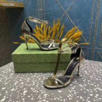 Gucci Women GG Strappy Sandal Double G Metallic Platinum Leather Crystal High 11 CM Heel (9)