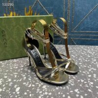 Gucci Women GG Strappy Sandal Double G Metallic Platinum Leather Crystal High 11 CM Heel (9)