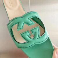 Gucci Women Interlocking G Cut Out Slide Sandal Bright Green Leather Flat (6)