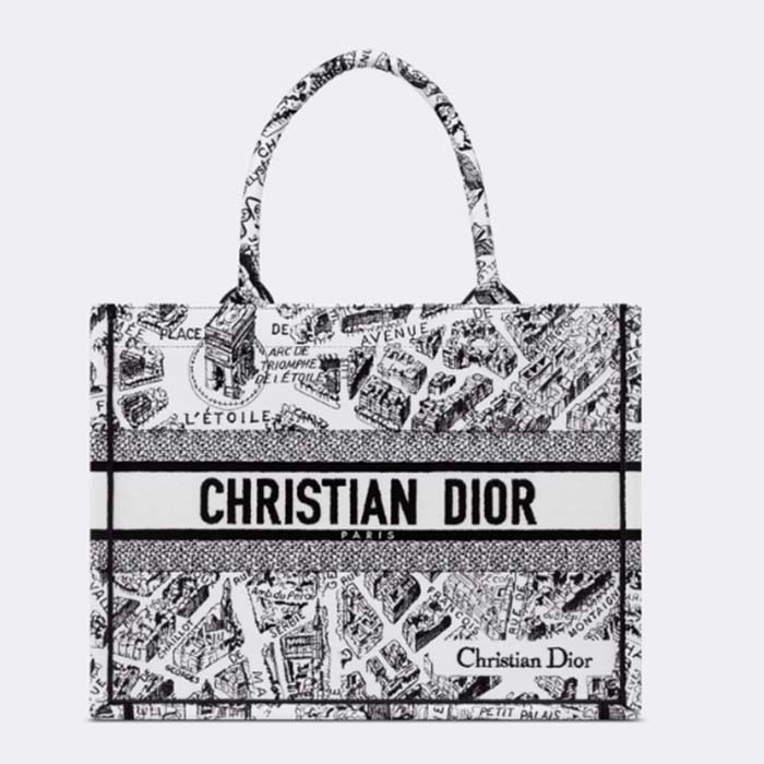 Dior Unisex CD Medium Book Tote White Black Plan De Paris Embroidery